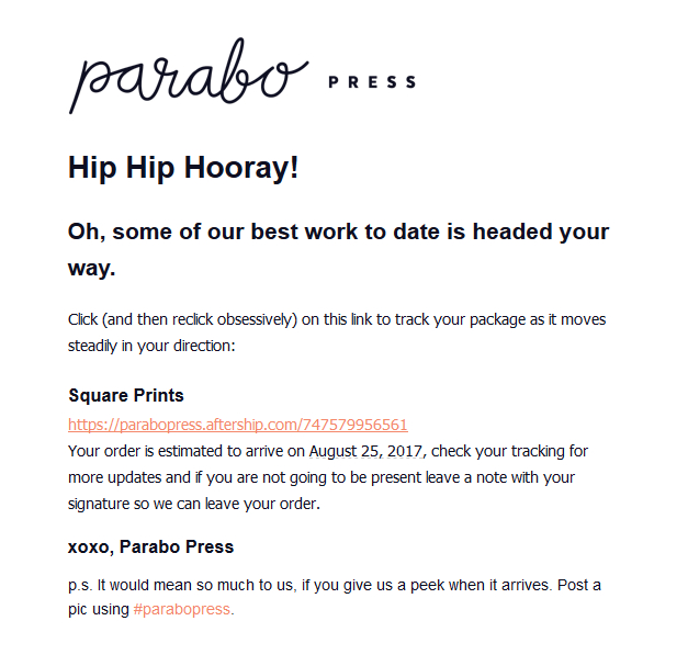 parabo shipping email and tracking page brand experience project on track shipping